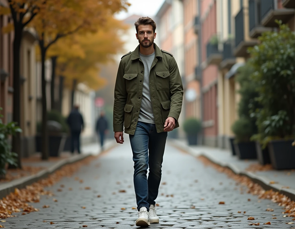 Homme stylé en veste utilitaire verte marchant dans une rue pavée européenne aux couleurs automnales