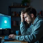 Jeune homme frustré devant un écran affichant une erreur 404 après la fermeture d'un site de torrents populaire