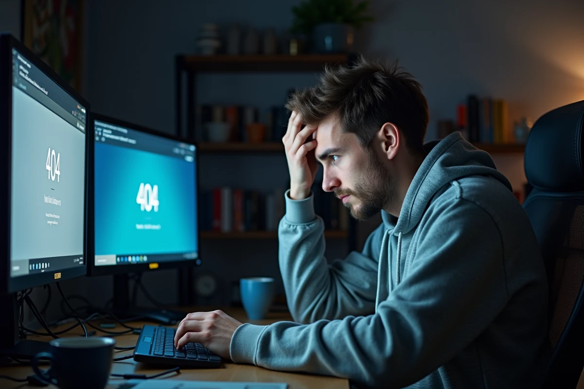 Jeune homme frustré devant un écran affichant une erreur 404 après la fermeture d'un site de torrents populaire
