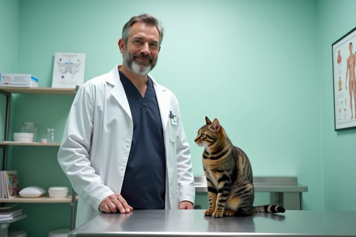 Vétérinaire examinant un chat tigré sur une table d'auscultation dans une clinique vétérinaire professionnelle