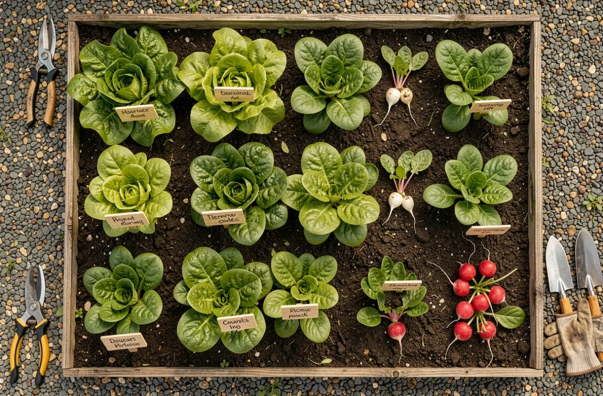 Vue aérienne d'un potager domestique bien organisé avec des rangées de légumes verts et des étiquettes en bois